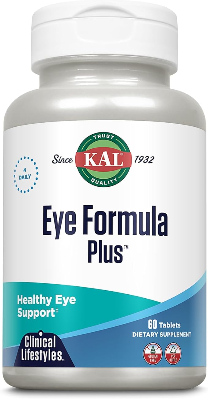 KAL Eye Formula Plus, Eye Care and Vision Supplements for Adults, with Eye Vitamins Lutein and Zeaxanthin, Plus Bilberry Extract, Goji and Blueberry Extract, 60-Day Guarantee, 15 Servings, 60 Tablets