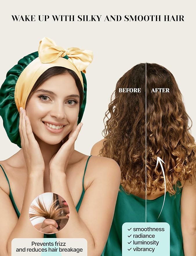 Real Silk Bonnet for Sleeping Women with Curly, Straight, & Fine Hair – Hair Cap for Sleep – Premium Alternative to Double Layer Satin Bonnet – Silk Hair Wrap for Sleep with Wonder Loop Tie – Green