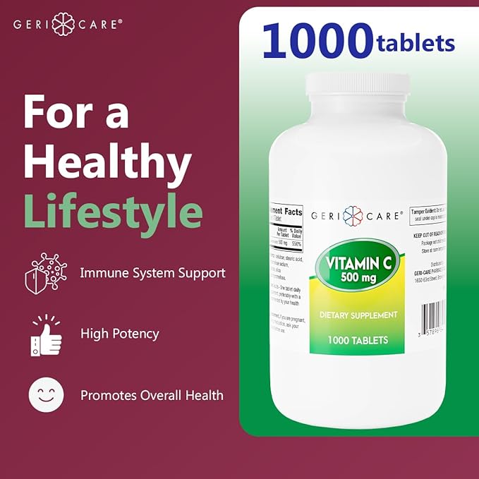 GeriCare Vitamin C 500 mg, Antioxidant, Immune System Support, Nutritional Supplement Tablets, 1000 Count (Pack of 1)
