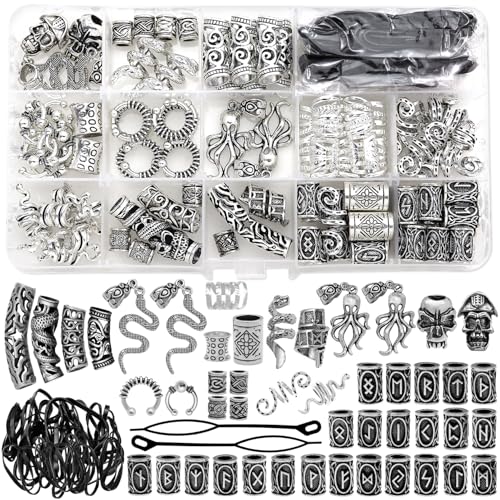 Fscwlmon 207Pcs Viking Hair Jewelry Nordic Runes Tube Beads,Accessories Kit for Braids Dreadlock Beard Locs,Metal Clips Cuff Rings,Braiding Beard Decoration Bracelets Pendant Necklace DIY Silver
