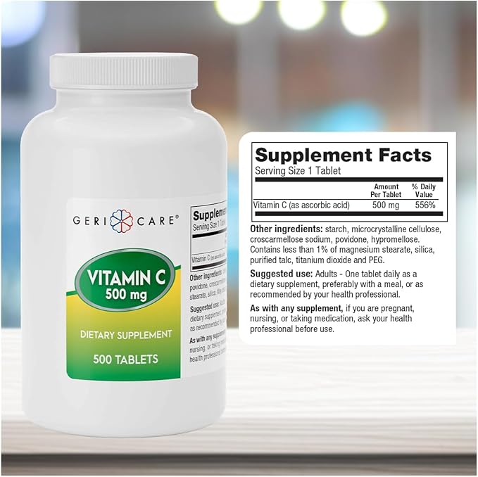 GeriCare Vitamin C 500 mg Antioxidant, Immune System Support, Nutritional Supplement Tablets, 500 Count (Pack of 1)