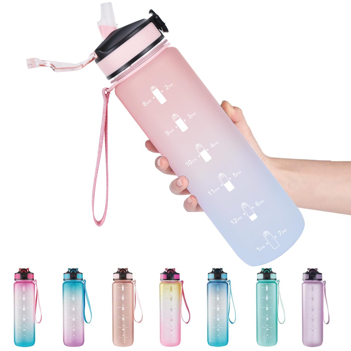 EYQ 32 oz Water Bottle with Time Marker, Carry Strap, Leak-Proof Tritan BPA-Free, Ensure You Drink Enough Water for Fitness, Gym, Camping, Outdoor Sports