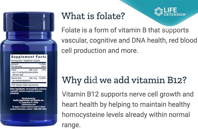 Life Extension BioActive Folate & Vitamin B12, 150 Vegetarian Capsules - Non GMO, Gluten Free Supplement