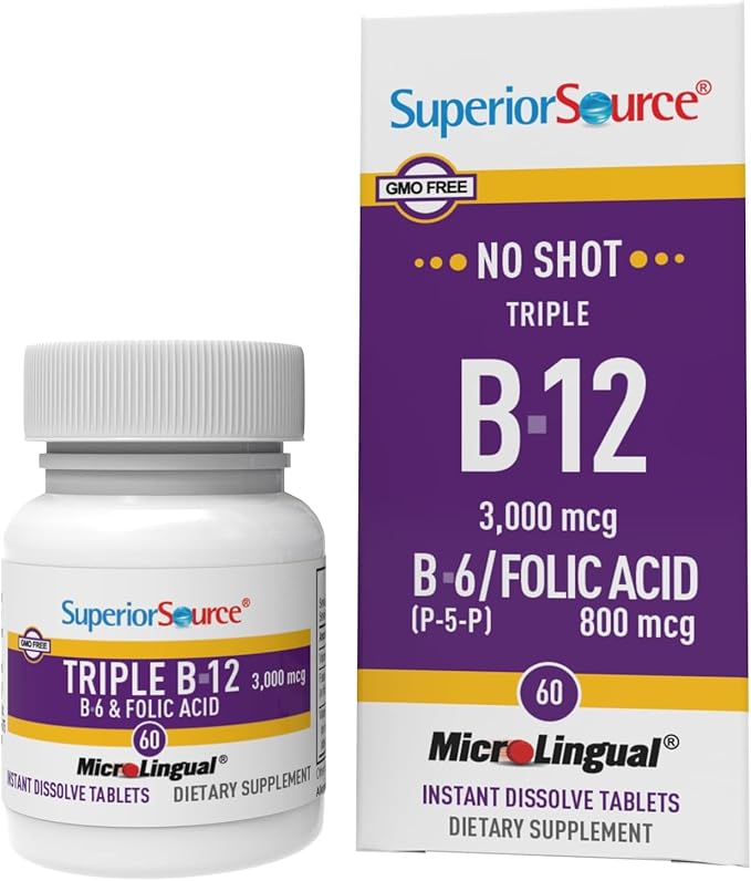 Superior Source NO Shot Triple B-12 3,000 mcg B-6 Folic Acid 800 mcg - Formula Supports Heart Health & Energy - Health Supplement with Folic Acid & Methylcobalamin - 60 Instant Dissolve Tablets