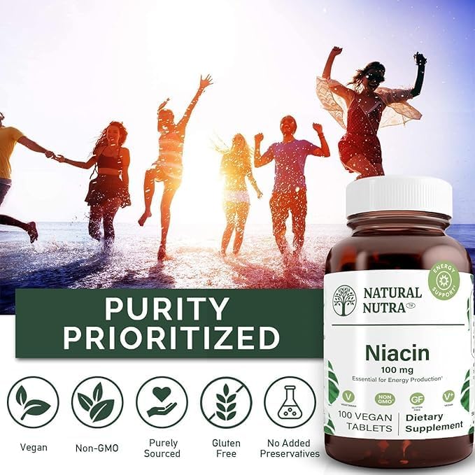 Natural Nutra Niacin Supplement for Energy, Help Maintain Body Fats, Help Improve Digestion, Helps Promotes Skin Health, Boost Energy and Brain Function, Non-GMO, Gluten-Free, 100 mg, 100 Tablets