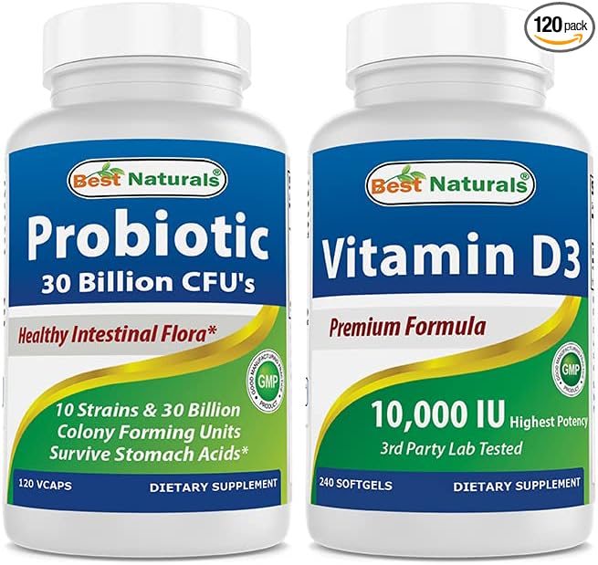 Best Naturals Probiotic 10 Strains & 30 Billion CFU & Vitamin D3 10000 IU