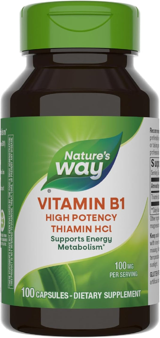 Nature's Way Vitamin B1, High Potency, 100 mg Thiamin per Serving, Thiamin HCl, Supports Energy Metabolism*, Gluten Free, 100 Capsules (Packaging May Vary)