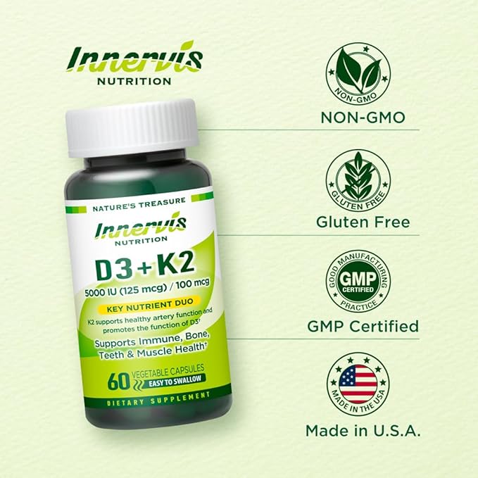 Vitamin D3 5000 IU + K2 100 mcg Immune Support Healthy Bone Teeth 60 Vegetable Capsules Supplement