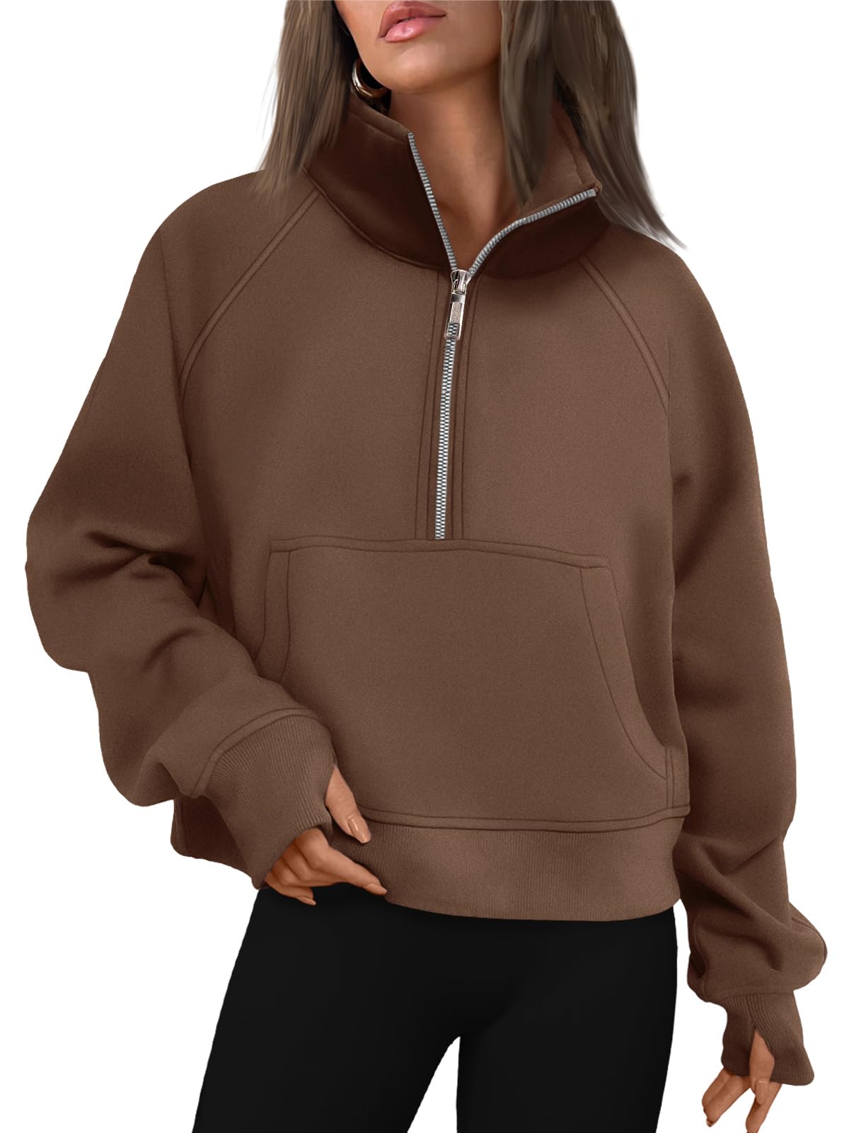 AUTOMET Womens Sweatshirts Half Zip Cropped Pullover Fleece Quarter Zipper Hoodies 2024 Fall Fashion Outfits Clothes Thumb Hole Brown