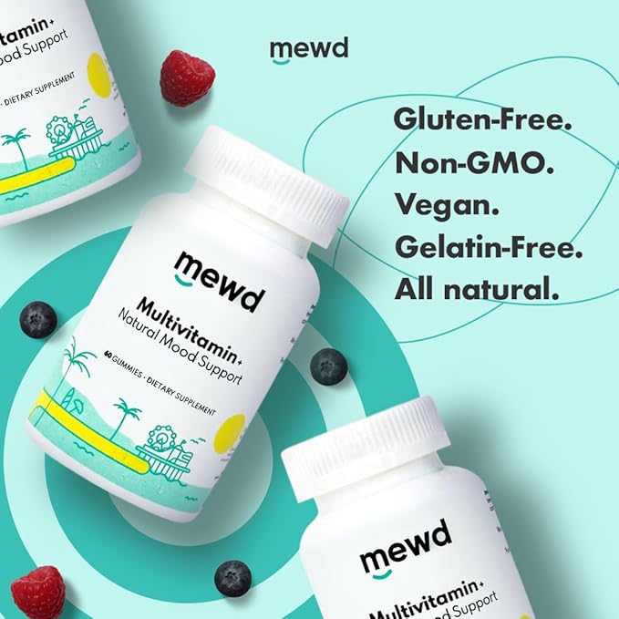 MEWD Adult Daily Multivitamin Gummy which Includes L-Theanine, Iron, Essential Vitamins, Vegan, Gluten Free, 60 Count