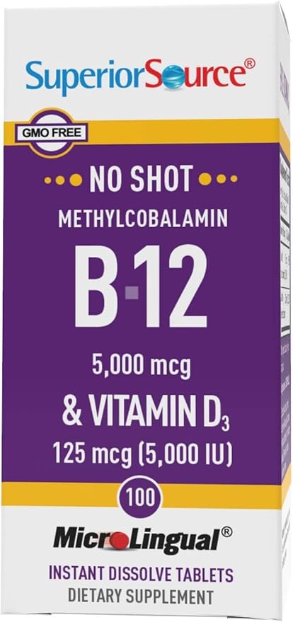 Superior Source NO Shot Methylcobalamin B-12 5,000 mcg with D3 5,000 IU - Energy & Heart Health Supplement - Multivitamin with Vitamin D3 for Bone Support - 100 Instant Dissolve Tablets