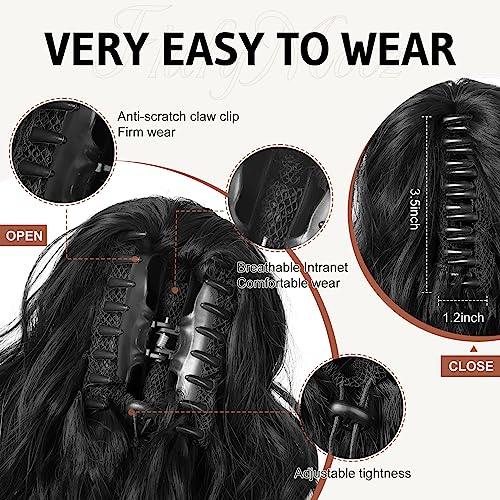 FLUFYMOOZ Ponytail Extension, 18 Inch Claw Clip Ponytail Extension, Wavy Curly Claw Clip in Ponytail Hair Extensions, Natural Fake Ponytail Synthetic Hairpiece for Women (Natural Black)