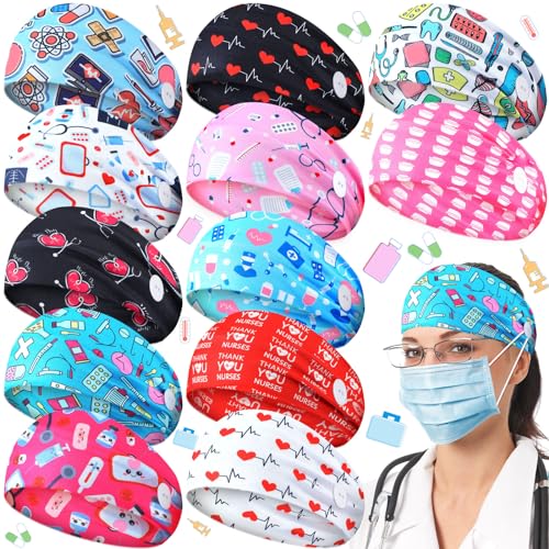 Jexine 12 Pcs Nurse Headbands for Women, Non Slip Nursing Headbands with Buttons for Mask Work Accessories Elastic Ear Protection Hair Bands Gift for Spa Yoga Sports(Stylish)
