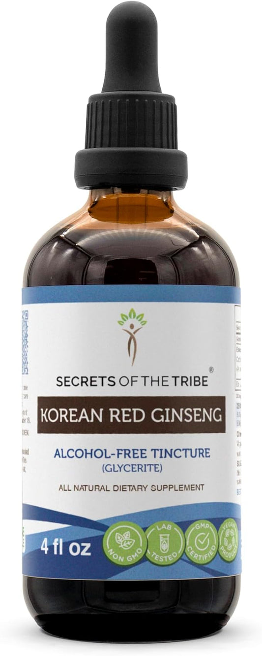 Korean Red Ginseng Tincture Alcohol-Free Liquid Extract, Wildcrafted Korean Red Ginseng (Asian Ginseng, Panax Ginseng) Dried Root 4 FL OZ