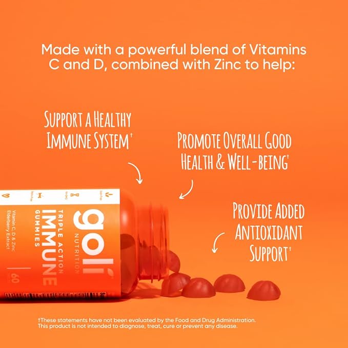 Goli Immune Vitamin Gummy - 180 Count - Elderberry, Vitamin C, D & Zinc, Vegan, Non-GMO, Gluten-Free & Gelatin-Free, Pack of 3