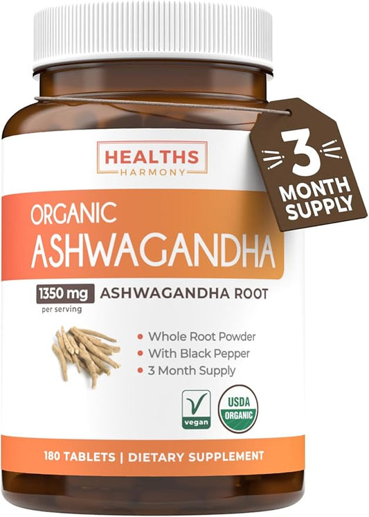 USDA Organic Ashwagandha (180 Vegetarian Tablets) 1350mg Ashwaganda Root Powder Per Serve with Black Pepper - Natural Adrenal Support, Cortisol & Thyroid Support, Immune Support (No Pills or Capsules)