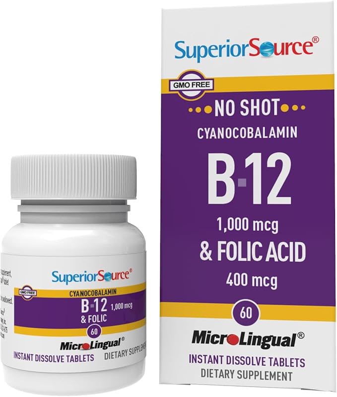Superior Source No Shot Vitamin B-12 Cyanocobalamin 1000 mcg & Folic Acid 400 mcg - Offers Energy, Heart, Brain, & Stress Support - 60 Sublingual Dissolving Tablets