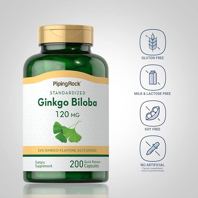 Piping Rock Ginkgo Biloba 120mg | 200 Capsules | Standardized Extract Supplement | Non-GMO, Gluten Free