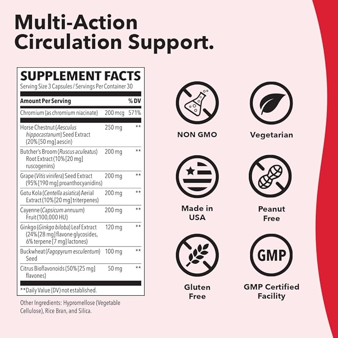 LifeSeasons Circulari-T - Blood Circulation Supplement - Supports Artery, Capillary & Vein Health - Butcher’s Broom, Ginkgo, Cayenne, Grape Seed & Horse Chestnut - 90 Capsules
