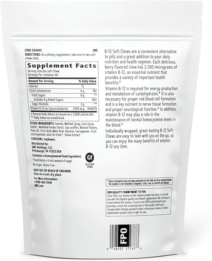GNC Vitamin B12 2500mcg Supplement, Essential for Carbohydrate Metabolism and Energy Production, 60 Servings