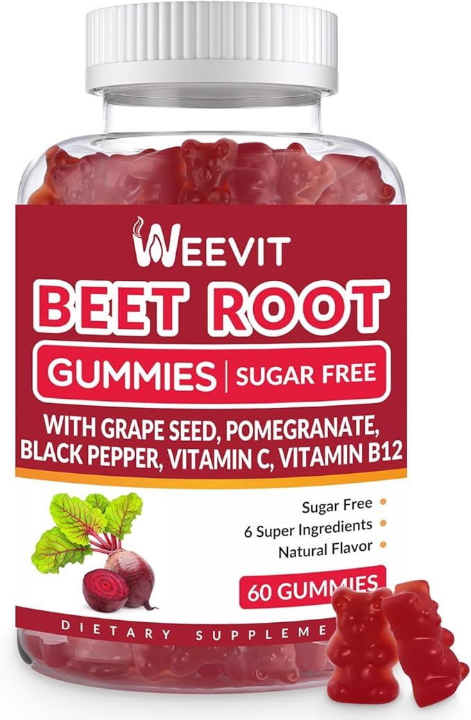Sugar Free Beet Gummies with Grape Seed, Pomegranate, Black Pepper, Vitamin C, B12 | Nitric Oxide Booster for Men Women, Organic Beet Root Gummies
