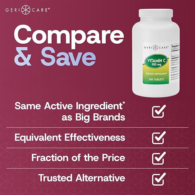 GeriCare Vitamin C 500 mg Antioxidant, Immune System Support, Nutritional Supplement Tablets, 500 Count (Pack of 1)