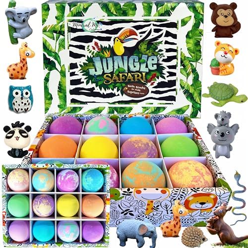Bath Bombs for Kids with Surprise Inside, 12 Bubble Bath Fizzies with Jungle Animal Toys. Moisturizing, Gentle & Kids Safe, Rainbow Spa Bath Fizz, Birthday Gifts for Boys, Girls