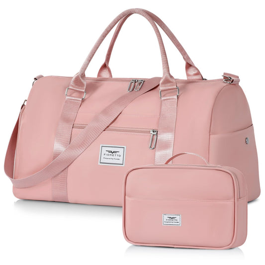 FIORETTO Womens Gym Tote Duffle Bag with Toiletry Bag, Sports Duffel Overnight Hospital Workout Carry on Bag for Girls with Wet Pocket & Shoe Compartment, Ideal for Travel, Swimming, Dance Pink