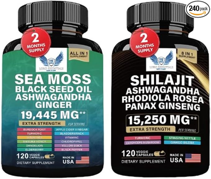 Sea Moss + Shilajit Bundle (2 Pack) – 120 Capsules Eac Sea Moss 7000mg Black Seed Oil 4000mg Ashwagandha 2000mg Ginger & Shilajit 9000mg Rhodiola Rosea 1000mg Panax Ginseng 1500mg