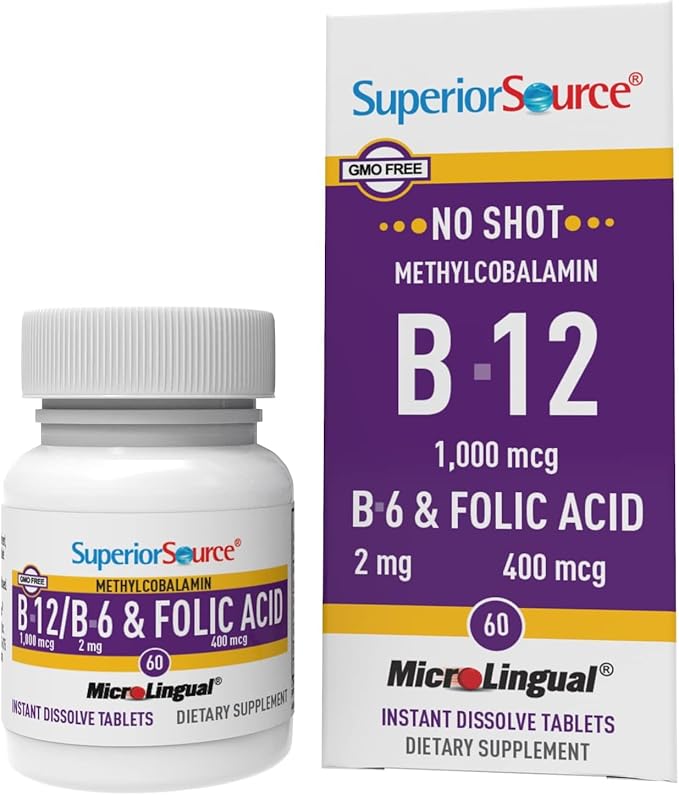Superior Source No Shot Vitamin B-12 Methylcobalamin 1000 mcg, B-6 & Folic Acid 400 mcg - Supports Brain & Heart Health - Aids Natural Energy Levels - 60 Sublingual Dissolving Tablets