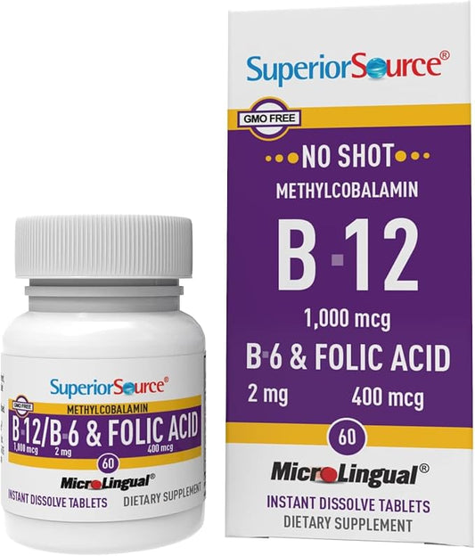 Superior Source No Shot Vitamin B-12 Methylcobalamin 1000 mcg, B-6 & Folic Acid 400 mcg - Supports Brain & Heart Health - Aids Natural Energy Levels - 60 Sublingual Dissolving Tablets