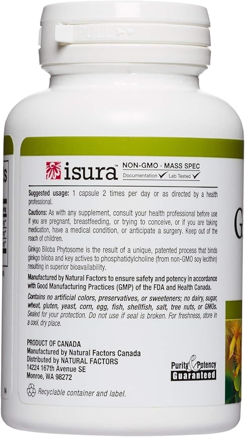 HerbalFactors by Natural Factors, Ginkgo Biloba Phytosome, Supports Circulation and Brain Health, 60 capsules (60 servings)