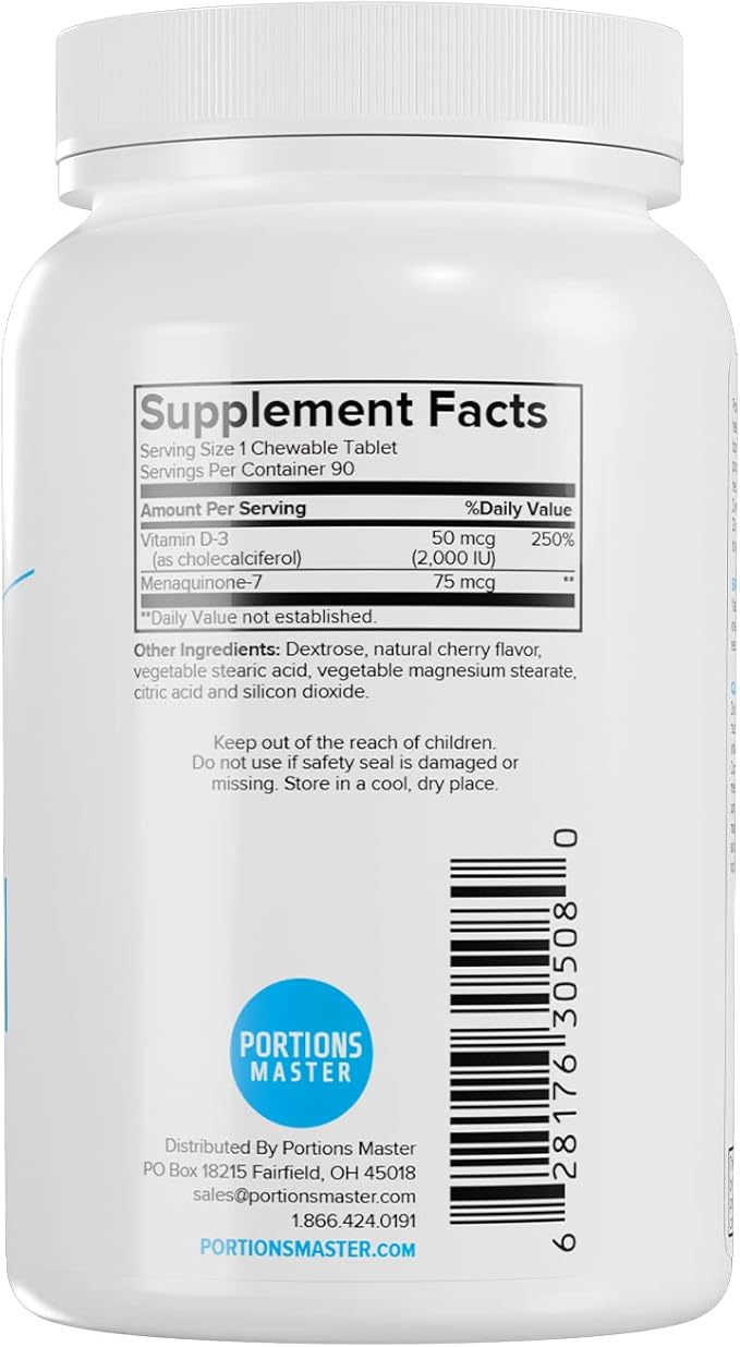 Vitamin D-3 50mcg 2000 IU + K-2 75mcg 90ct Chewable Tablets