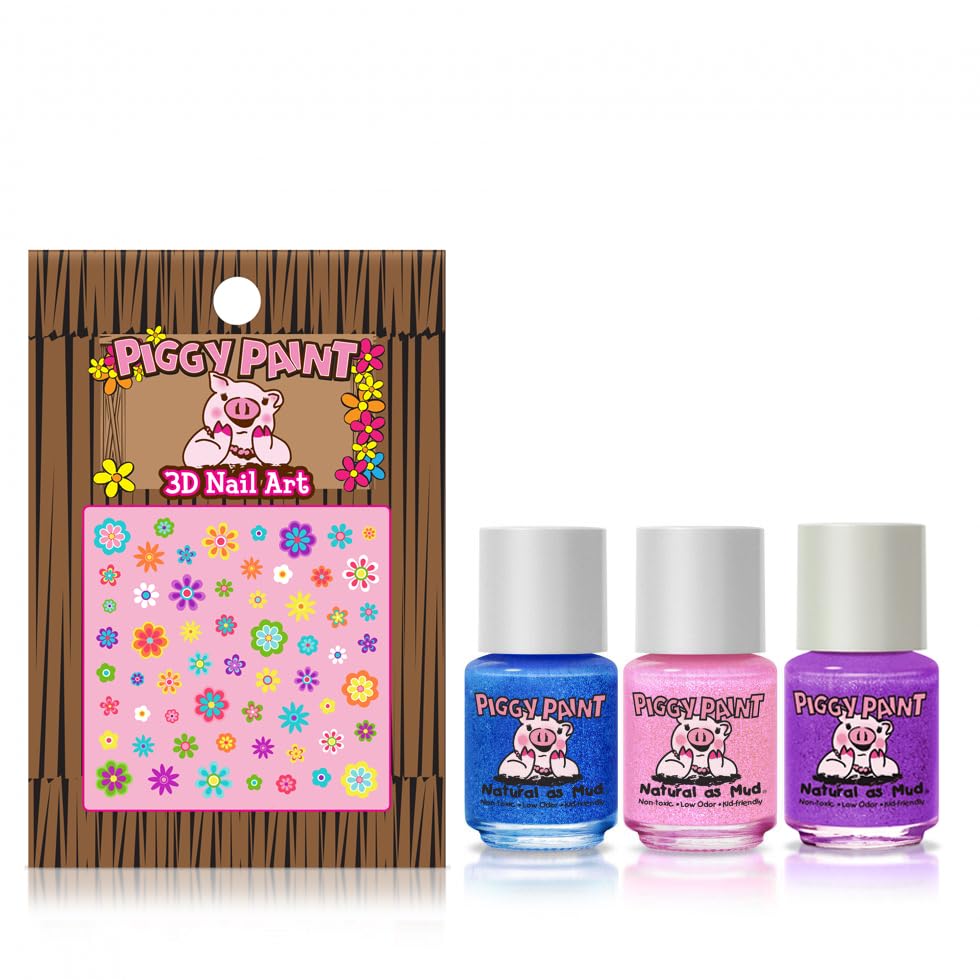 Piggy Paint | 100% Non-Toxic Girls Nail Polish | Safe, Cruelty-free, Vegan, & Low Odor for Kids | Shimmer & Sparkle (3 Polish + Nail Art Gift Set)