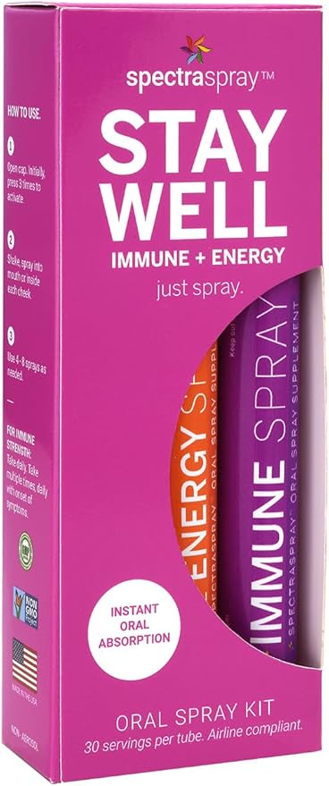 Spectraspray Travel Wellness Stay Well Kit - Immune Support & B12 Vitamin Oral Sprays Rapid Immunity Boost & Active Form of B12 for Recovery & Energy, Vegan & Gluten Free, 30 Day Supply per Spray