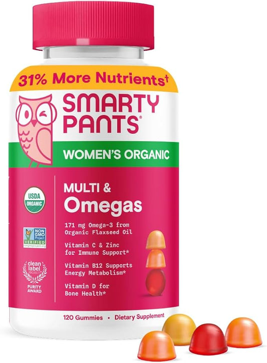 SmartyPants Organic Women's Multivitamin Gummies: Biotin, Methylfolate, Omega 3 (ALA), Vitamin D3, C, Vitamin B12, B6, A, K & Zinc, Inositol, Gluten Free, Vegetarian, 120 Count (30 Day Supply)