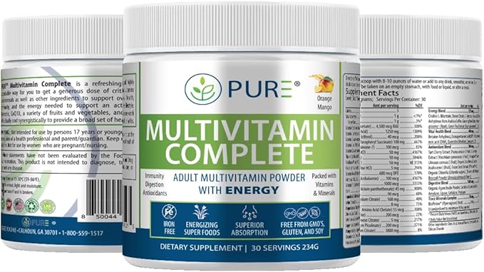 PURE Multivitamin Complete Powder, Orange Mango, Vitamins A, C, D3, B12, Minerals, CoQ10, 30 Servings, 1-Month Supply, Energy Support