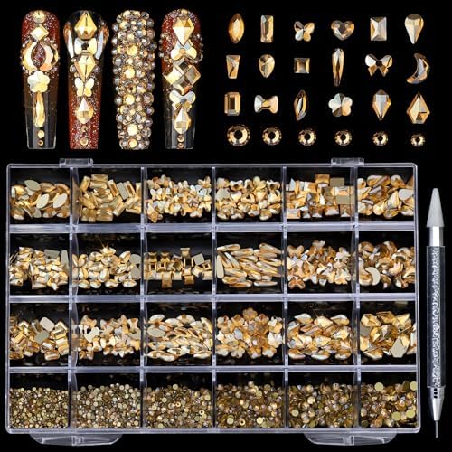 Champagne Nail Rhinestones, 5380Pcs Flatback Gold Glass Charms Gems Stones, 24 Grids 19 Types of Shaped Nail Art Rhinestones Kit with Picking Pen and Tweezers, 6 Sizes for Face Decoration