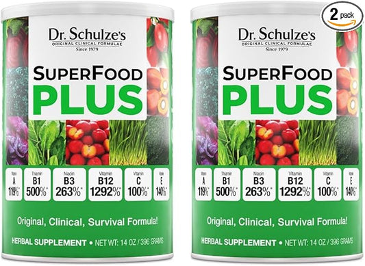 Dr. Schulze's SuperFood Plus | Vitamin and Mineral Herbal Concentrate | Daily Nutrition | Gluten-Free and Non-GMO | Vegan | 14 Ounce Powder | 2-Pack