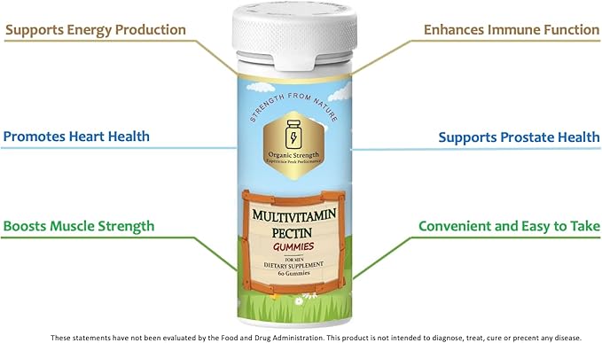 Men's Multivitamin Pectin Gummies: Empowering Your Health with 200% Biotin, Folate 100%, Vitamin A, B12, C, D, E, 100% Daily Intake (60 Count)