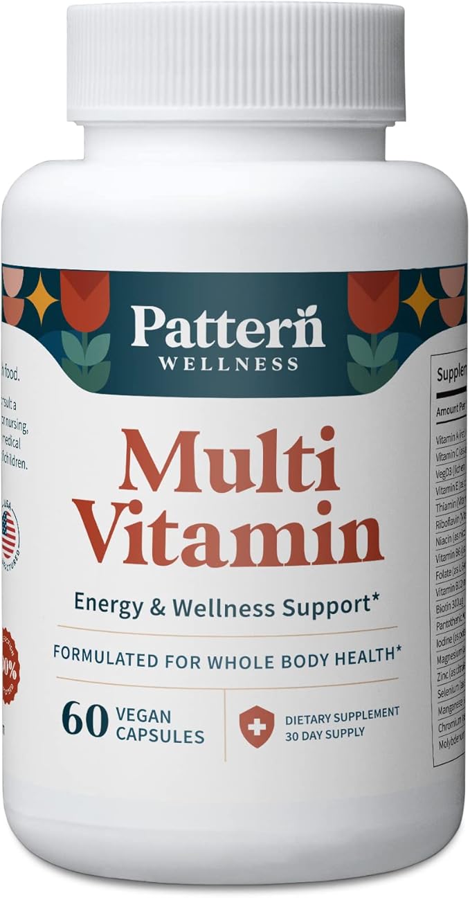 Pattern Wellness Multivitamin for Men & Women - Vitamin A, B, C, D, E - Energy & Wellness Support - Whole Body Health - One A Day Dietary Supplement - 60 Vegan Capsules