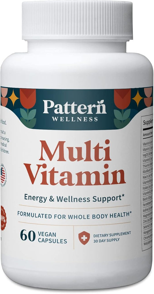 Pattern Wellness Multivitamin for Men & Women - Vitamin A, B, C, D, E - Energy & Wellness Support - Whole Body Health - One A Day Dietary Supplement - 60 Vegan Capsules
