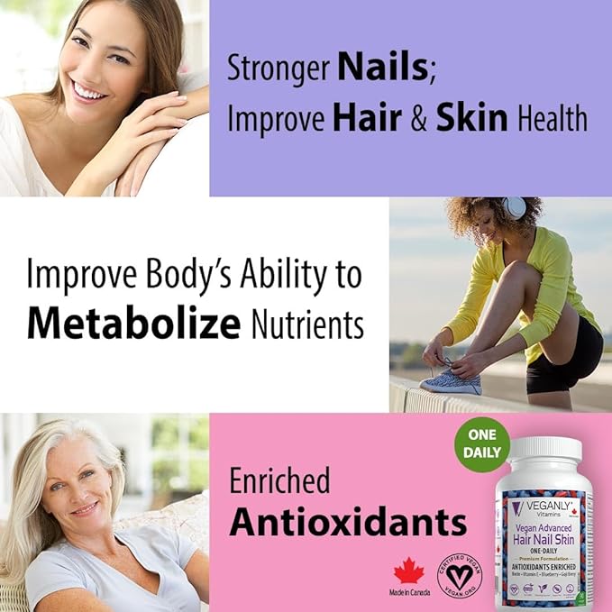 Vegan Advanced Hair Nail Skin One-Daily, 60 Veggie Caps -Antioxidant Enriched. Improve Hair, Improve Skin Health and Nail Health - Plant Based with Biotin & Natural Superfood
