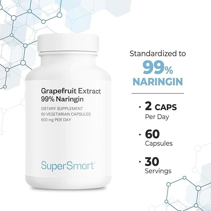 Supersmart - Grapefruit Extract 600mg per Day (99% Naringin) - High Potency GSE Supplement | Non-GMO & Gluten Free - 60 * 3 Vegetarian Capsules