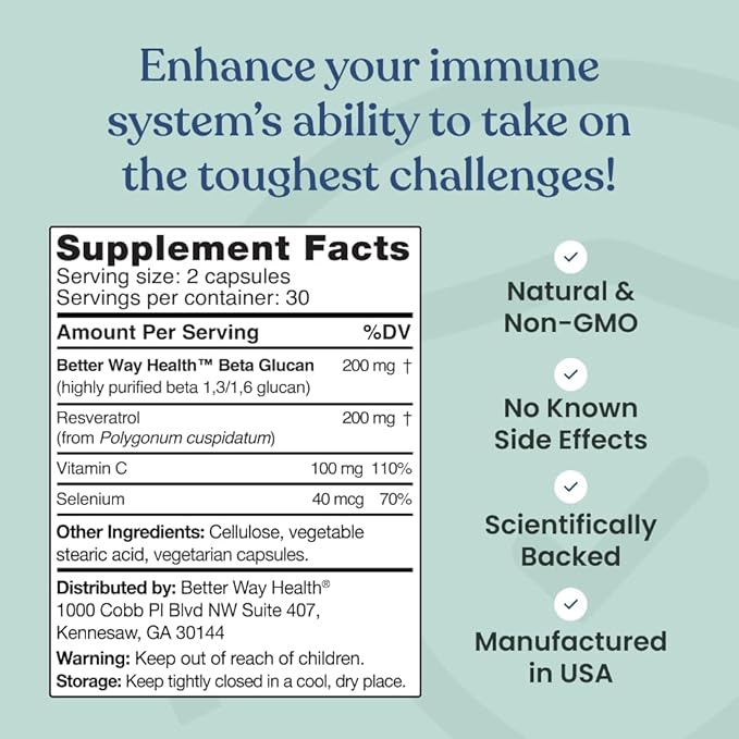 Better Way Health™ - Advanced Immune Readiness - Highly Purified 1,3/1,6 Beta Glucan + Vitamin C, Resveratrol, and Selenium - 60 Capsules (Pack of 1)