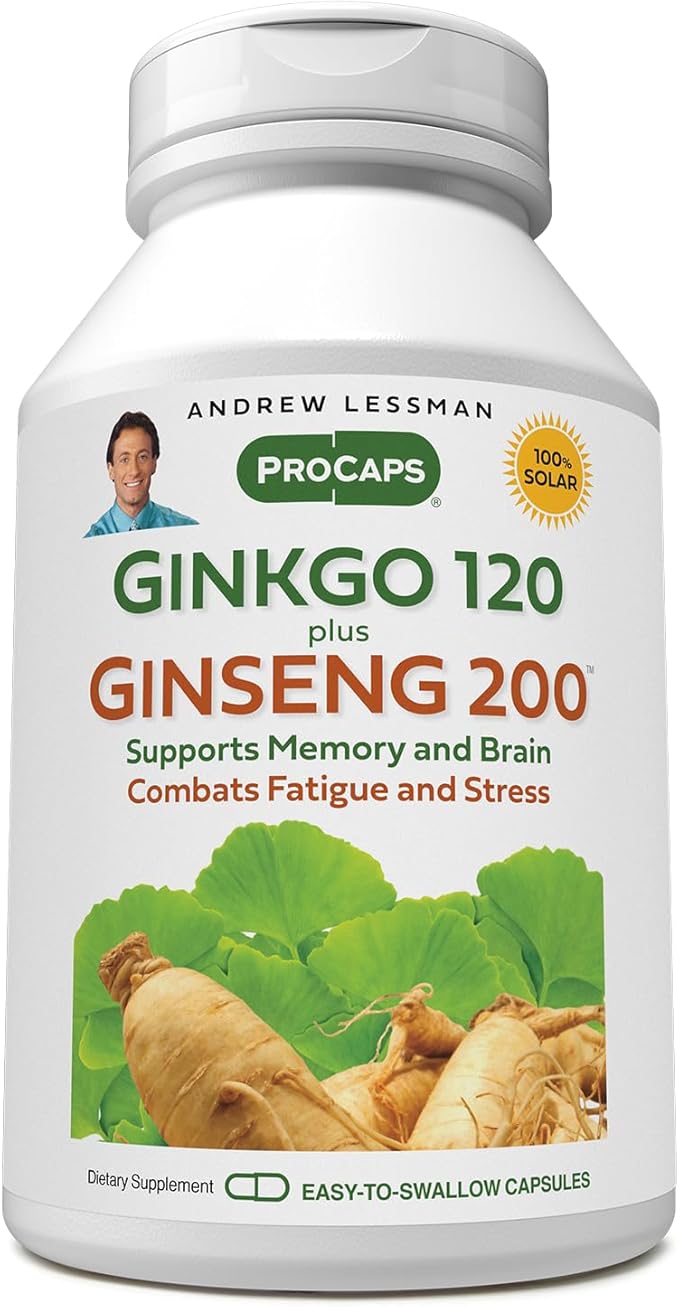 ANDREW LESSMAN Ginkgo 120 Plus Ginseng 200mg - 30 Capsules - Standardized Extract Blend to Support Brain, Memory and Cognitive Function. Adaptogen, Combats Stress and Fatigue. No Additives