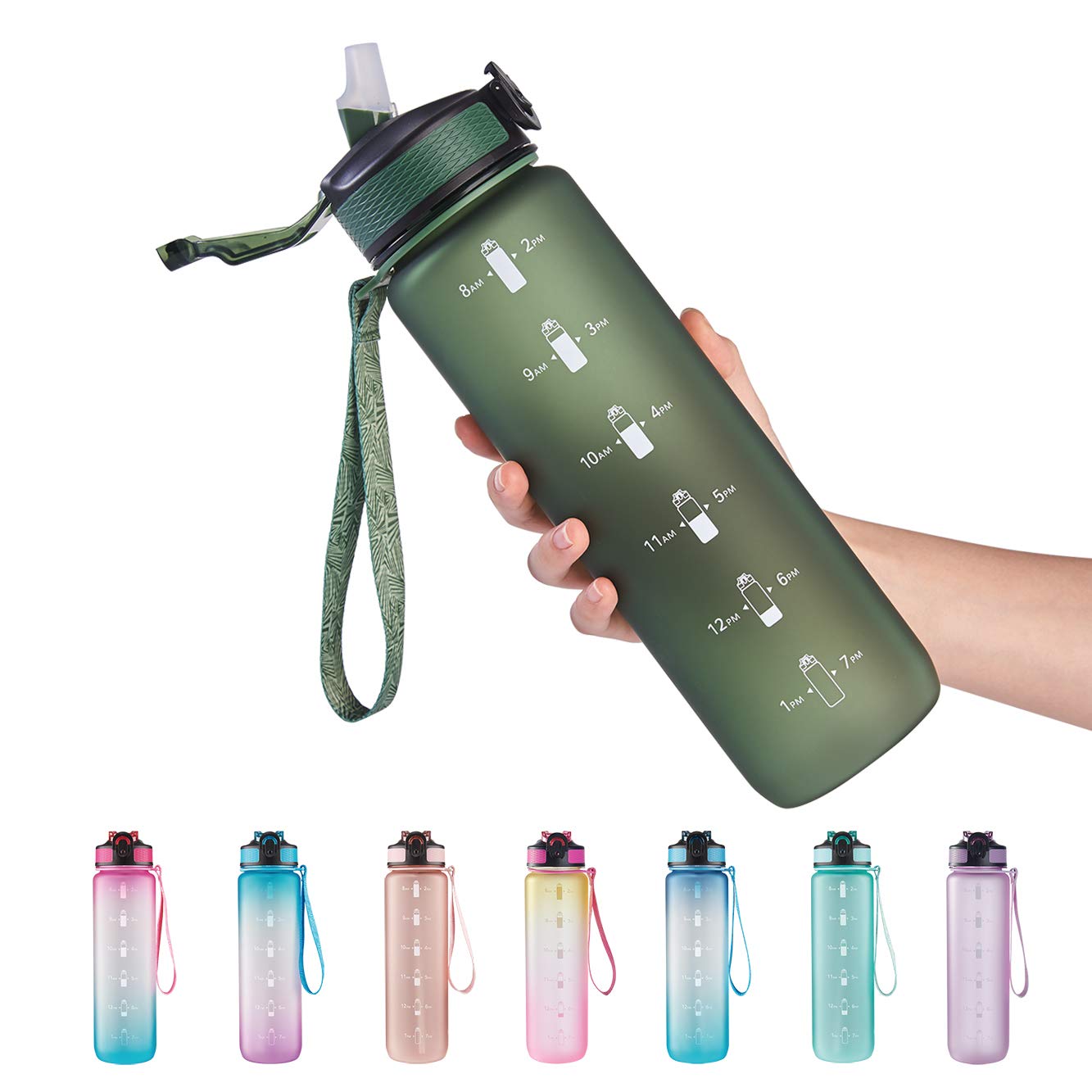 EYQ 32 oz Water Bottle with Time Marker, Carry Strap, Leak-Proof Tritan BPA-Free, Ensure You Drink Enough Water for Fitness, Gym, Camping, Outdoor Sports (Hunter Green)