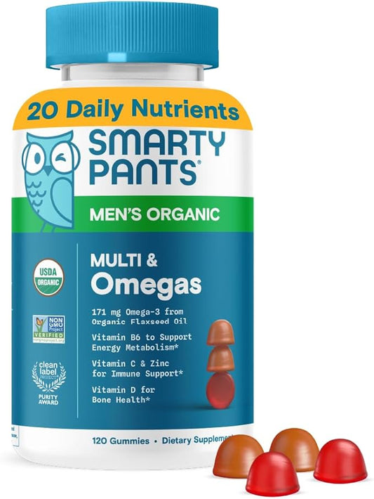 SmartyPants Multivitamin for Men, Organic Gummies: Methylfolate, Omega 3 (ALA), Vitamin D3, C, Vitamin B12, B6, A, K & Zinc for Immune Support, Biotin, Vegetarian, 120 Gummies (30 Day Supply)