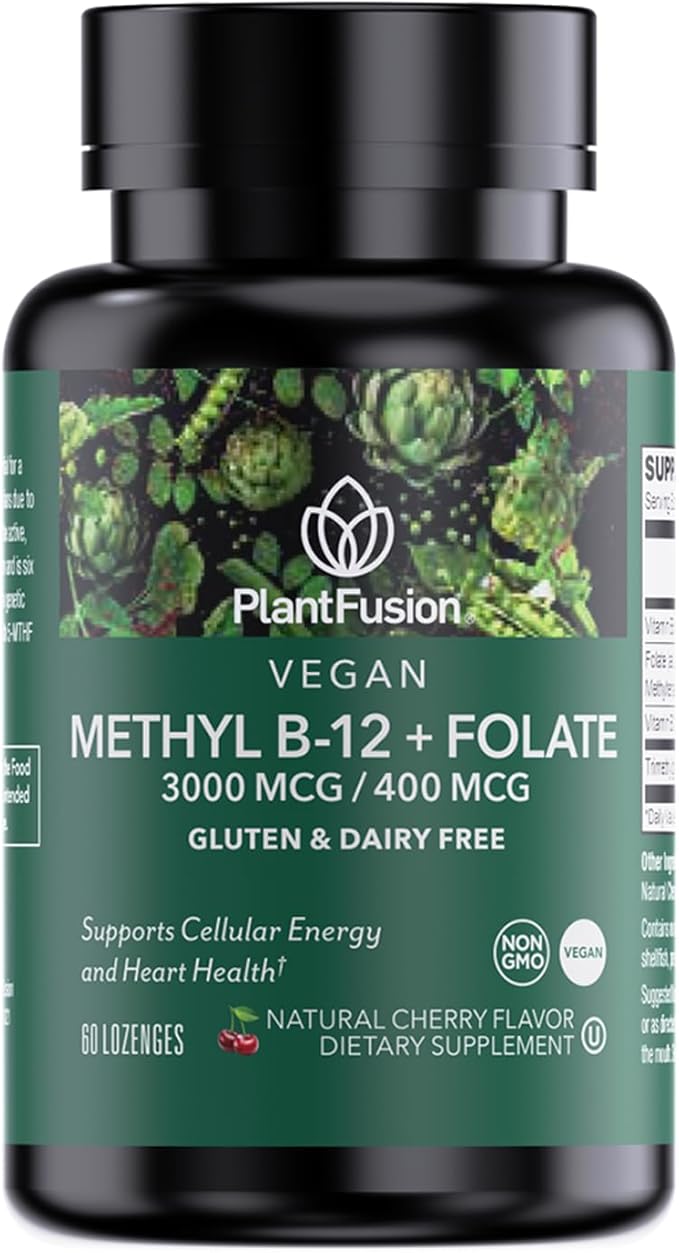PlantFusion Methylated Vitamin B Complex – Vegan B12 3000mcg, Vegan Methylfolate (5-MTHF) 400mcg, B6 & TMG – Cherry-Flavored Lozenges – 60 Count