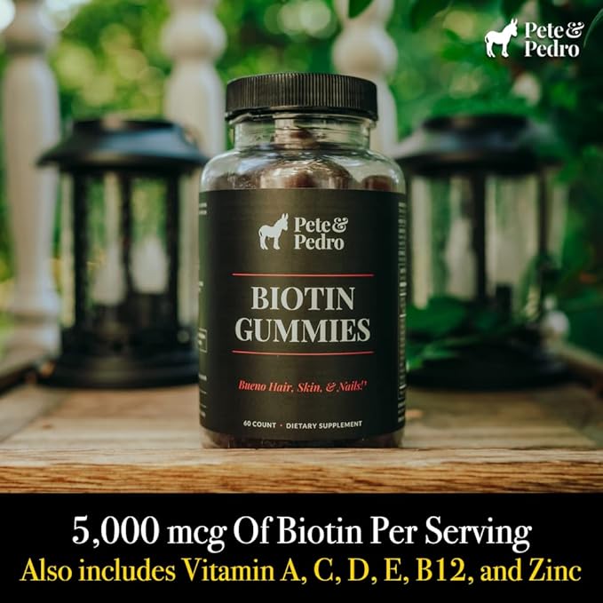 Pete & Pedro BIOTIN Gummies for Hair, Skin & Nails Growth for Women & Men |Hair Grow Supplement for Stronger Skin, & Nails | Cherry Biotin Gummy 5000mcg Per Serving | Seen on Shark Tank, 60 Count
